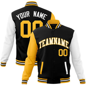 Custom Black White-Yellow Raglan Sleeves Varsity Full-Snap Letterman Jacket