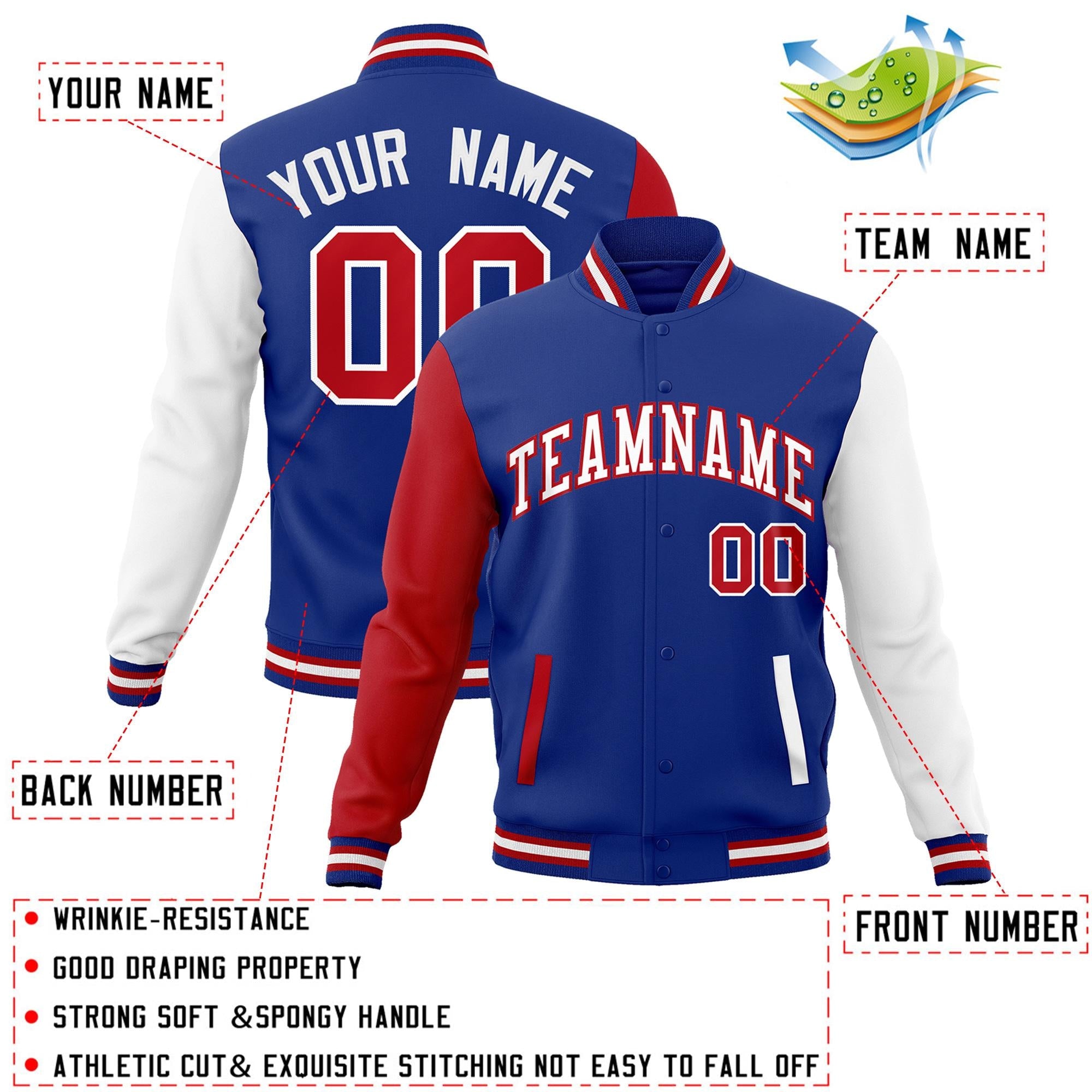 Veste Letterman Varsity Full-Snap Custom Royal Blanc-Rouge à manches raglan