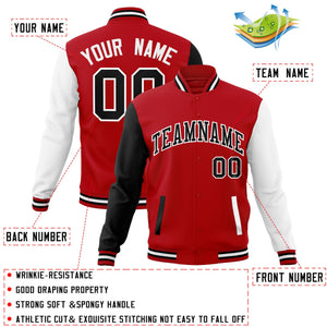 Veste Letterman Varsity Full-Snap à manches raglan rouge noir-blanc personnalisée