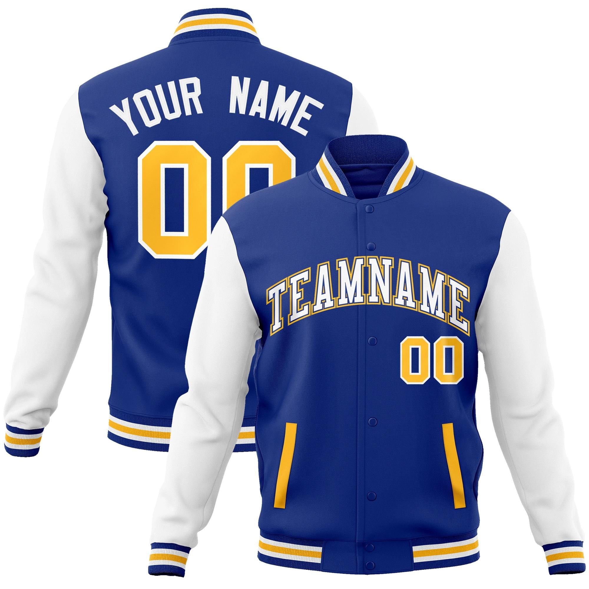 Custom Royal White-Royal Raglan Sleeves Varsity Full-Snap Letterman Jacket