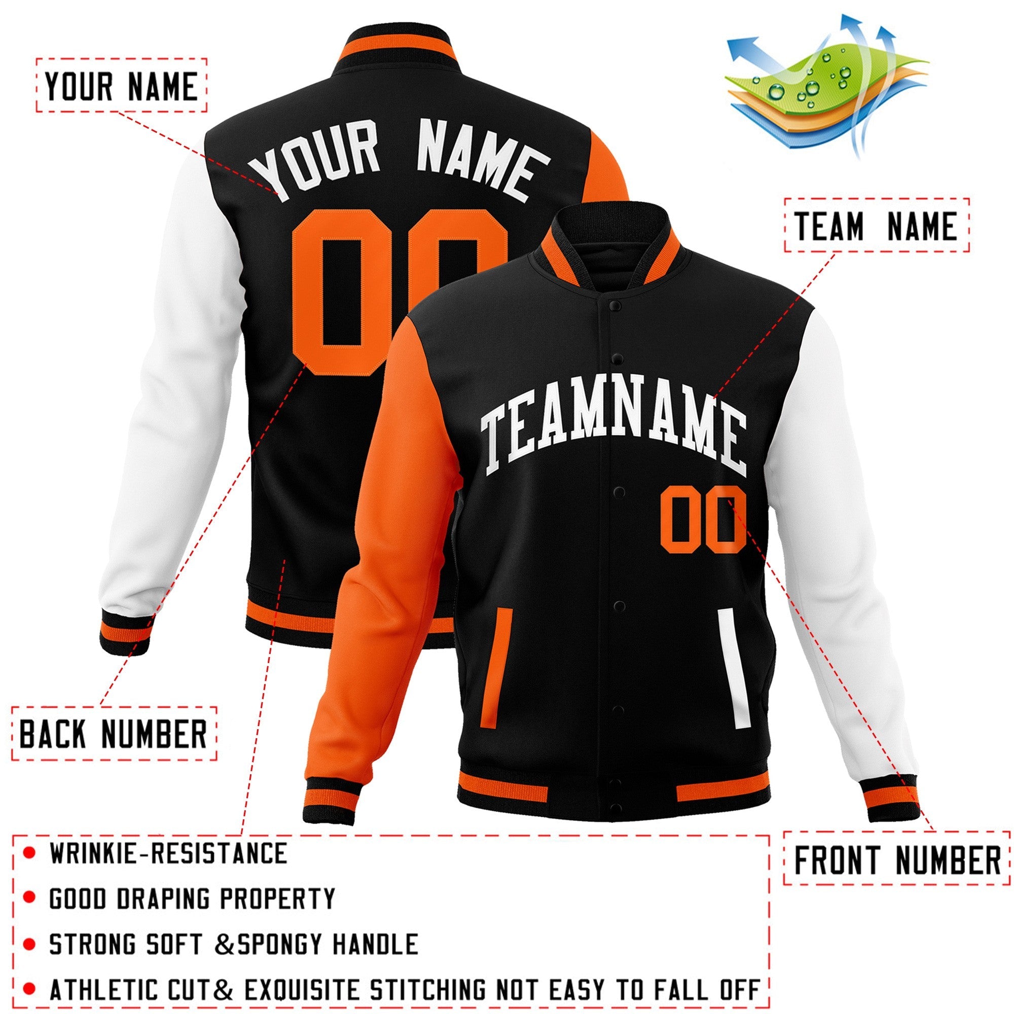 Custom Black White Raglan Sleeves Varsity Full-Snap Letterman Jacket