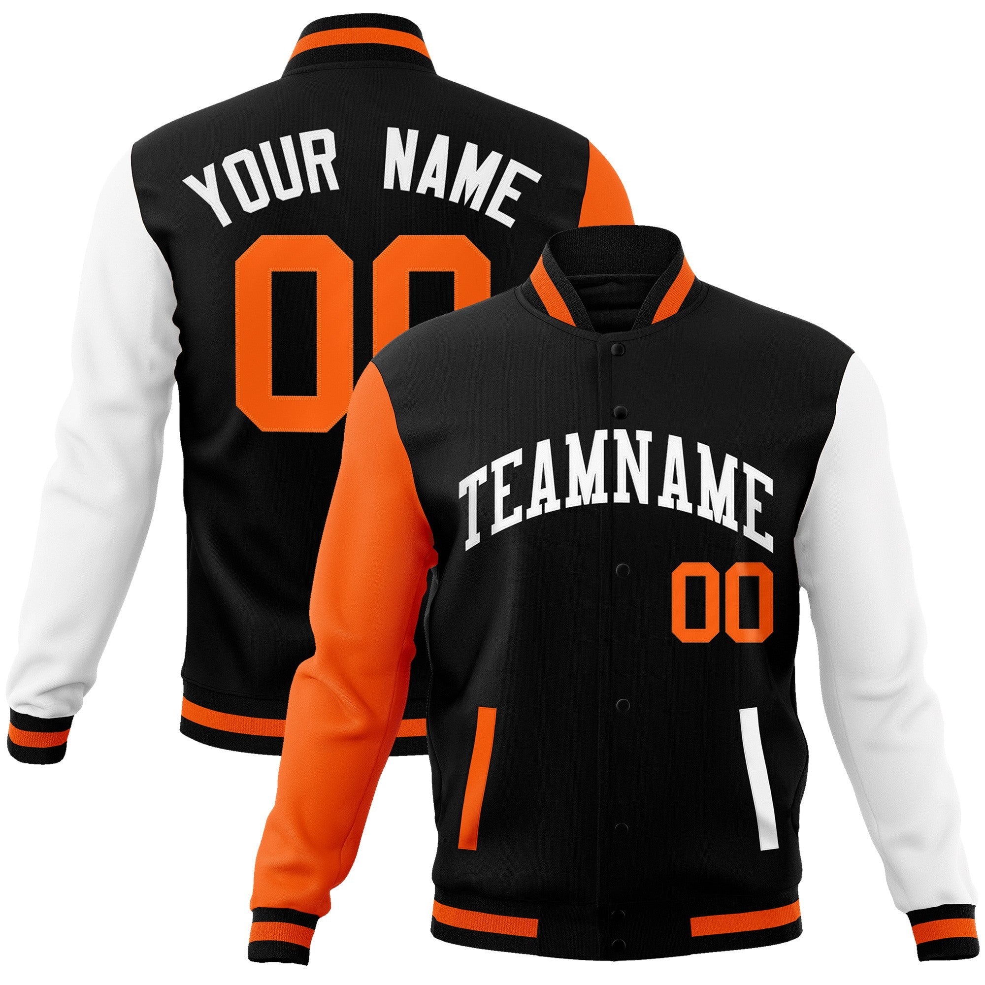 Custom Black White Raglan Sleeves Varsity Full-Snap Letterman Jacket