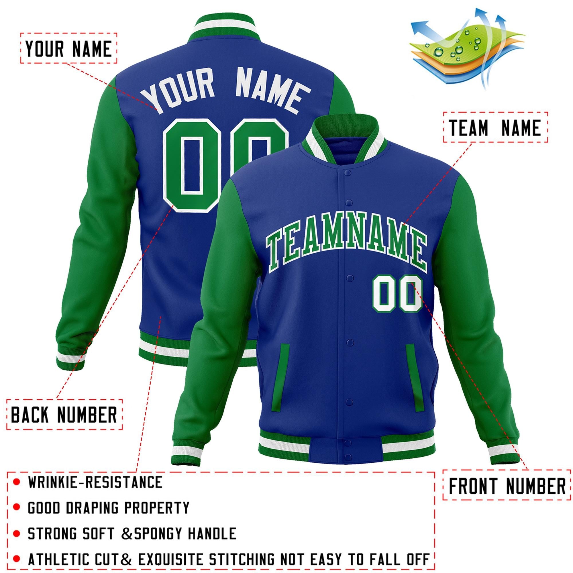 Veste Letterman Varsity Full-Snap à manches raglan personnalisées Royal Green-White