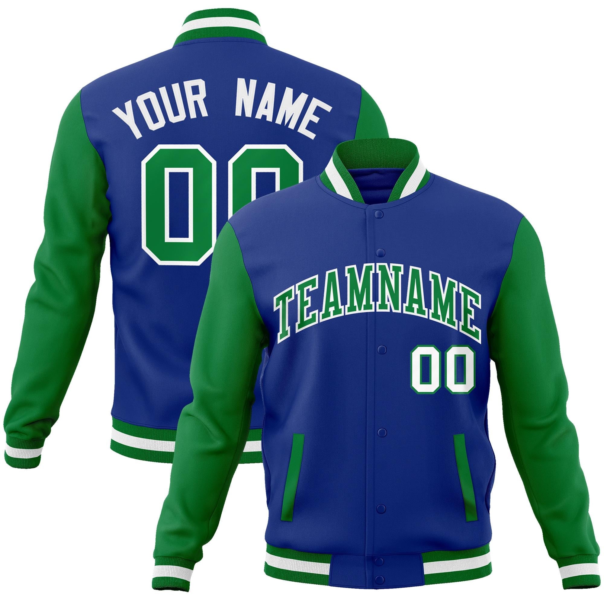 Custom Royal Green-White Raglan Sleeves Varsity Full-Snap Letterman Jacket