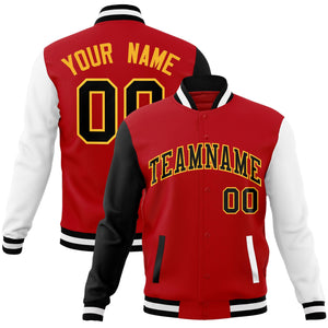 Custom Red Black-Yellow Raglan Sleeves Varsity Full-Snap Letterman Jacket