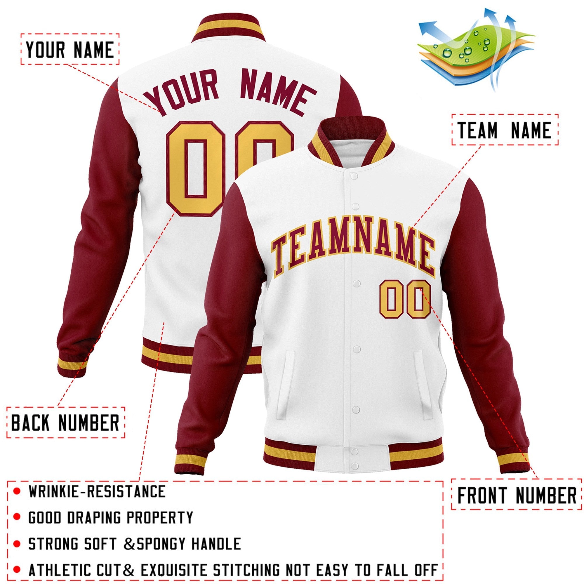 Custom White Crimson-Khaki Raglan Sleeves Varsity Full-Snap Letterman Jacket