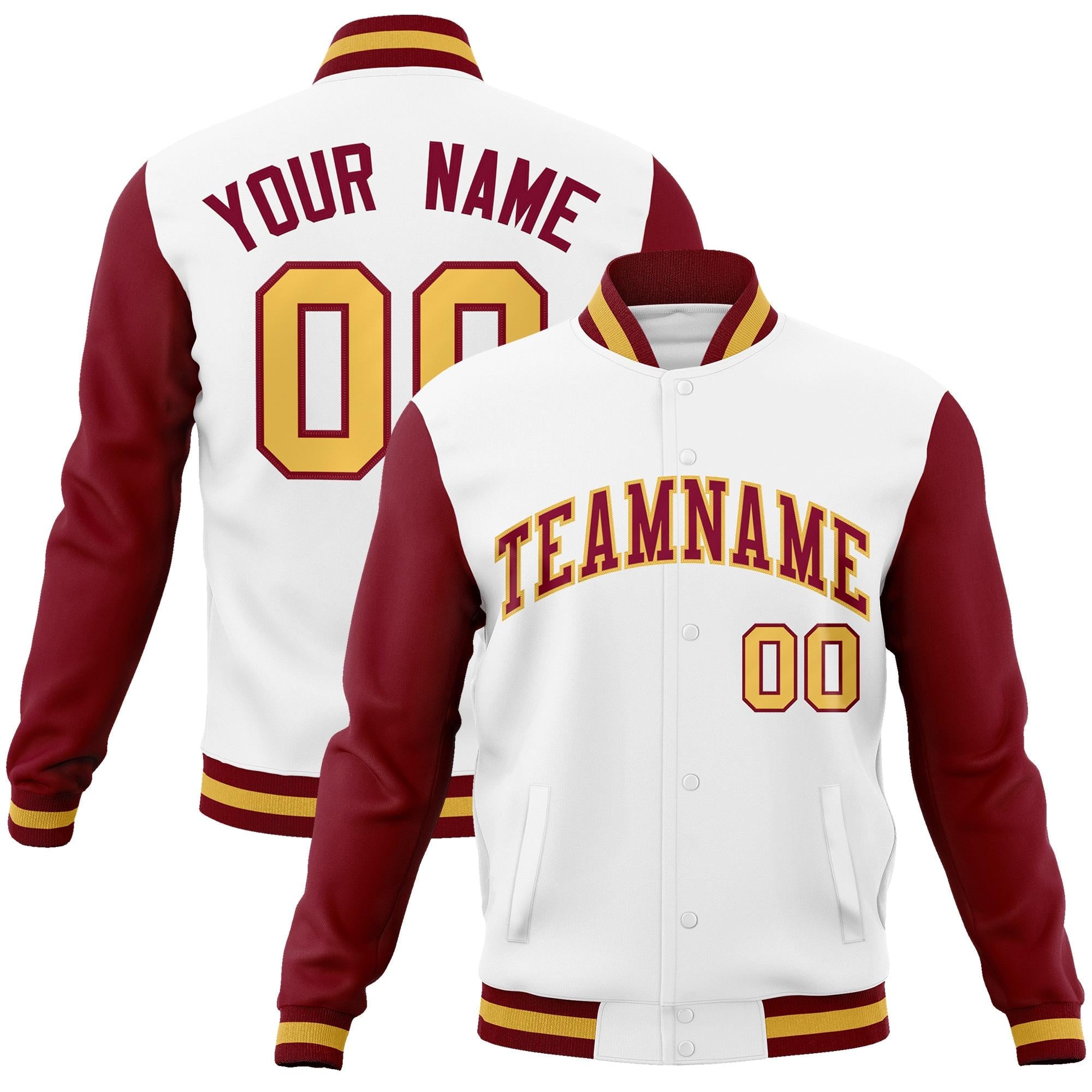 Custom White Crimson-Khaki Raglan Sleeves Varsity Full-Snap Letterman Jacket