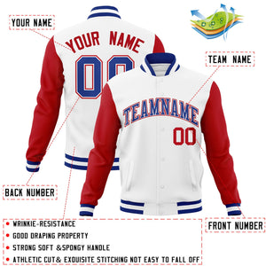 Veste Letterman Varsity Full-Snap à manches raglan blanc royal-blanc personnalisée