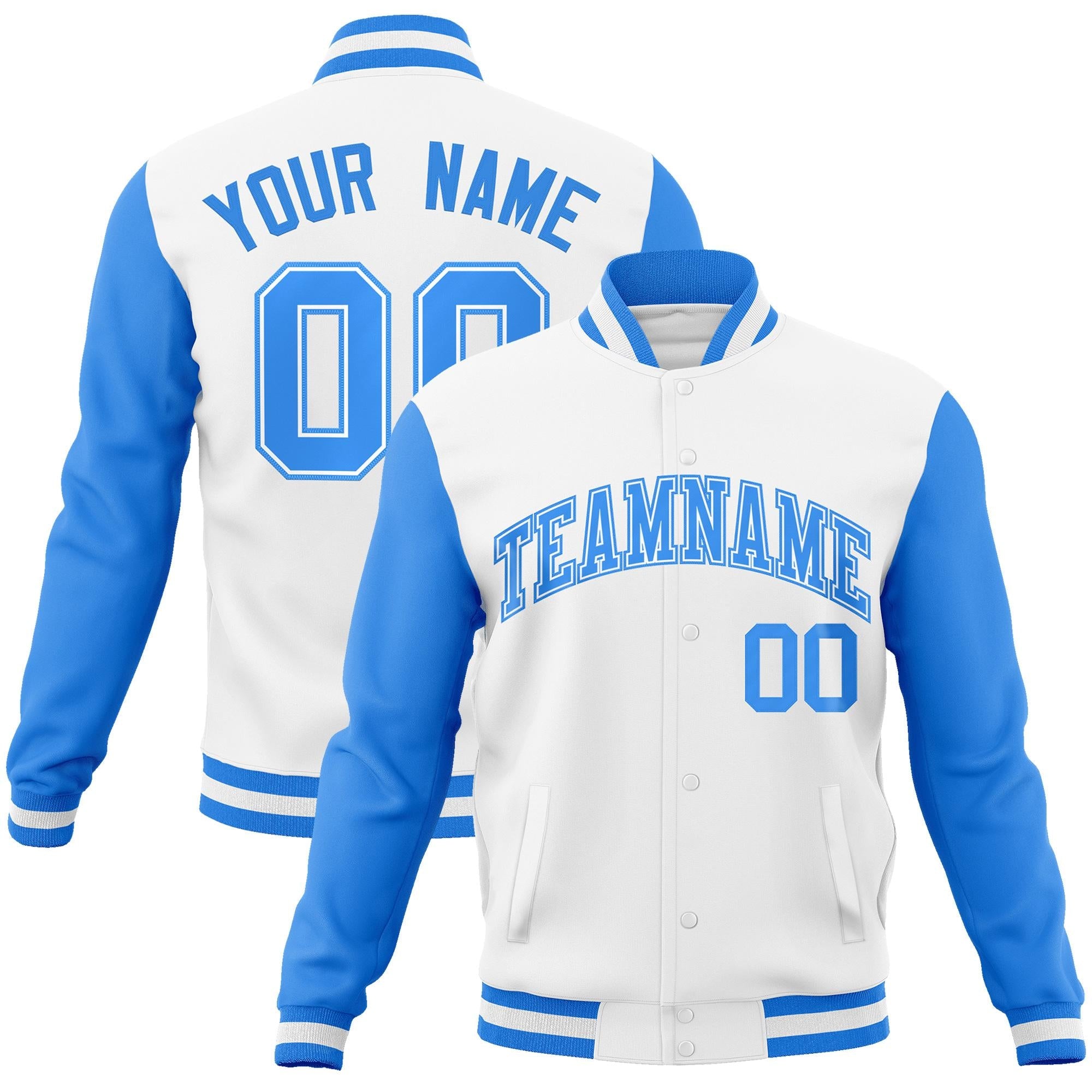 Custom White Powder Blue-White Raglan Sleeves Varsity Full-Snap Letterman Jacket