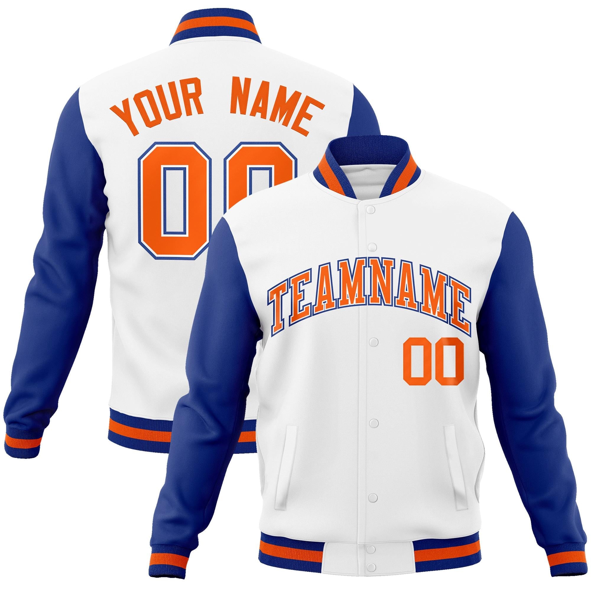 Custom White Orange-White Raglan Sleeves Varsity Full-Snap Letterman Jacket