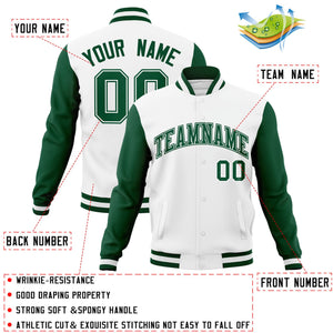 Veste Letterman Varsity Full-Snap personnalisée à manches raglan blanc vert-blanc