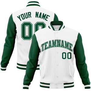 Custom White Green-White Raglan Sleeves Varsity Full-Snap Letterman Jacket