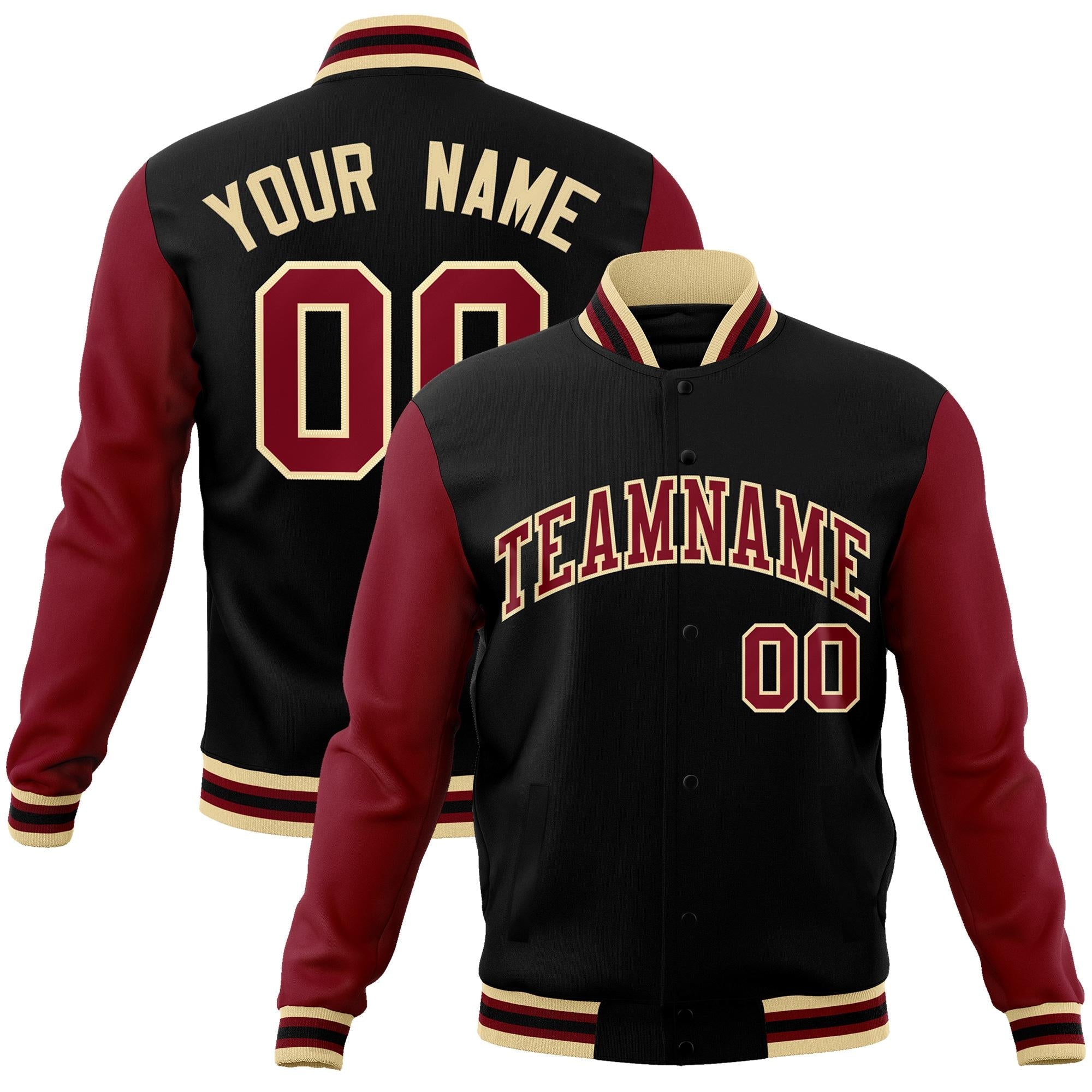 Custom Black Crimson-Khaki Raglan Sleeves Varsity Full-Snap Letterman Jacket