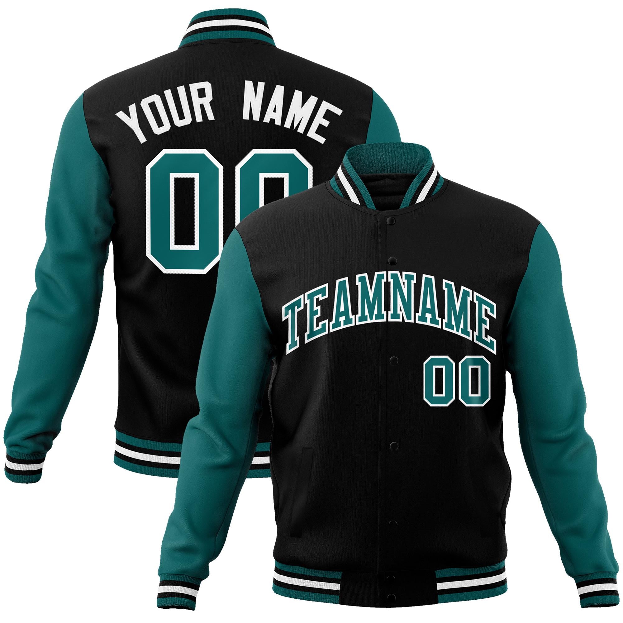 Custom Black Aqua-White Raglan Sleeves Varsity Full-Snap Letterman Jacket