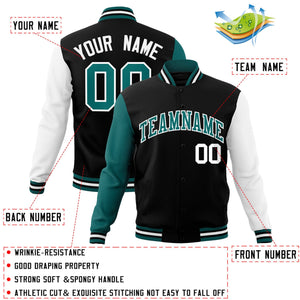 Custom Black Aqua-White Raglan Sleeves Varsity Full-Snap Letterman Jacket