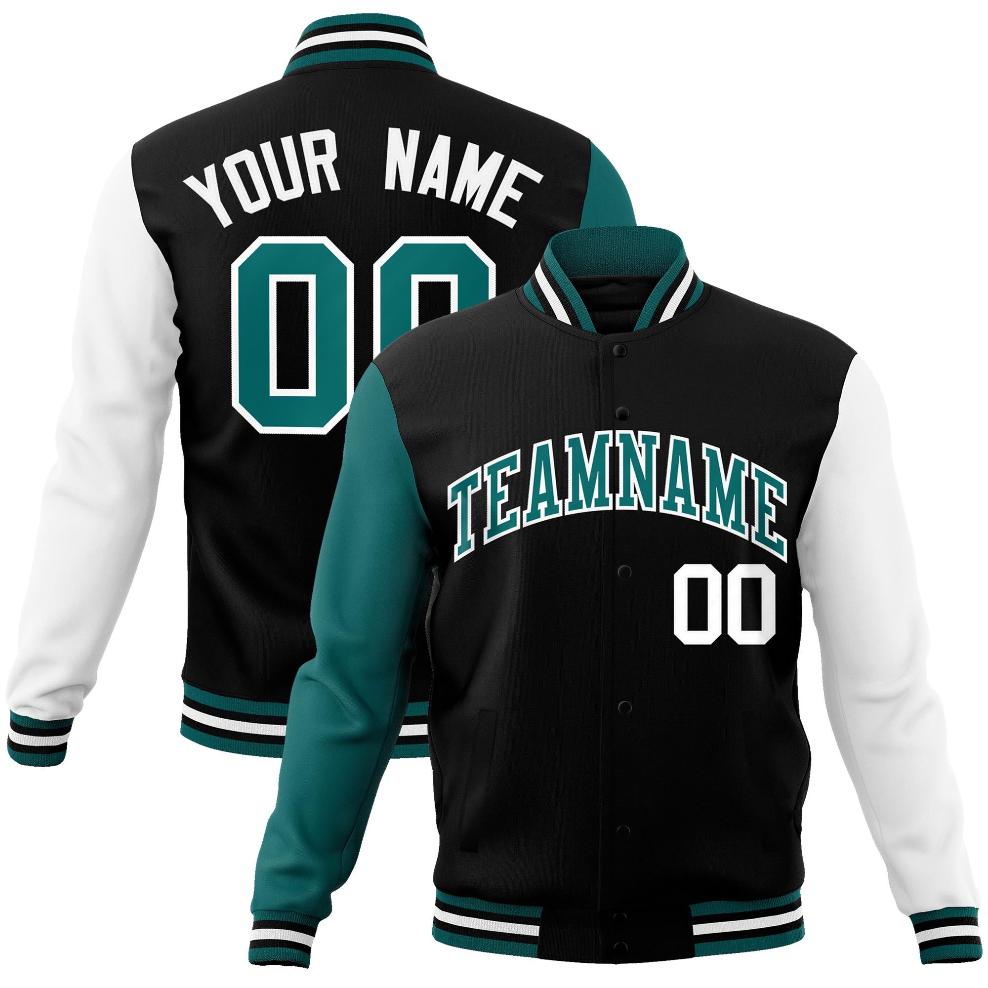 Custom Black Aqua-White Raglan Sleeves Varsity Full-Snap Letterman Jacket