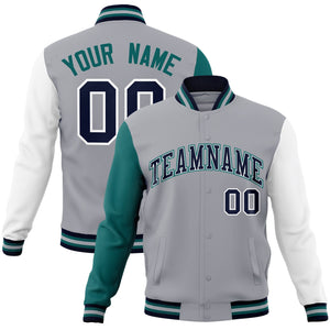 Custom Gray Navy-White Raglan Sleeves Varsity Full-Snap Letterman Jacket