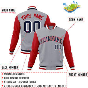 Custom Gray Navy-White Raglan Sleeves Varsity Full-Snap Letterman Jacket