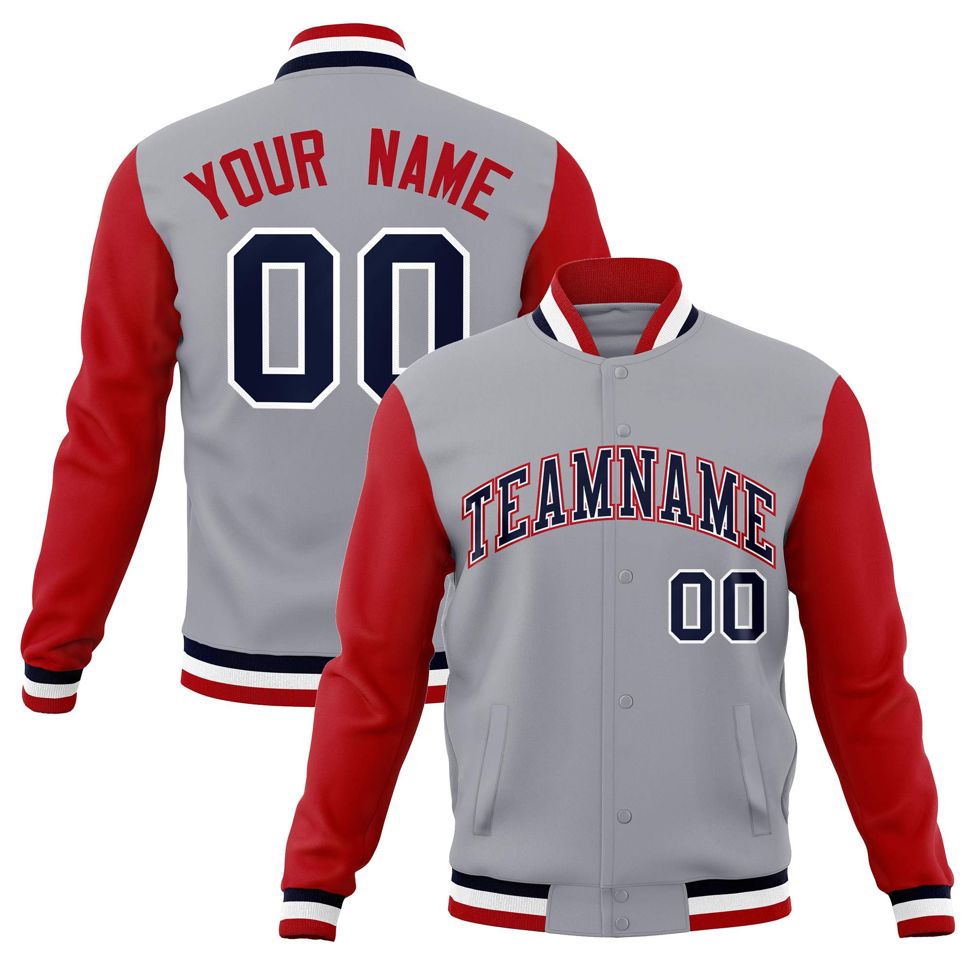 Custom Gray Navy-White Raglan Sleeves Varsity Full-Snap Letterman Jacket