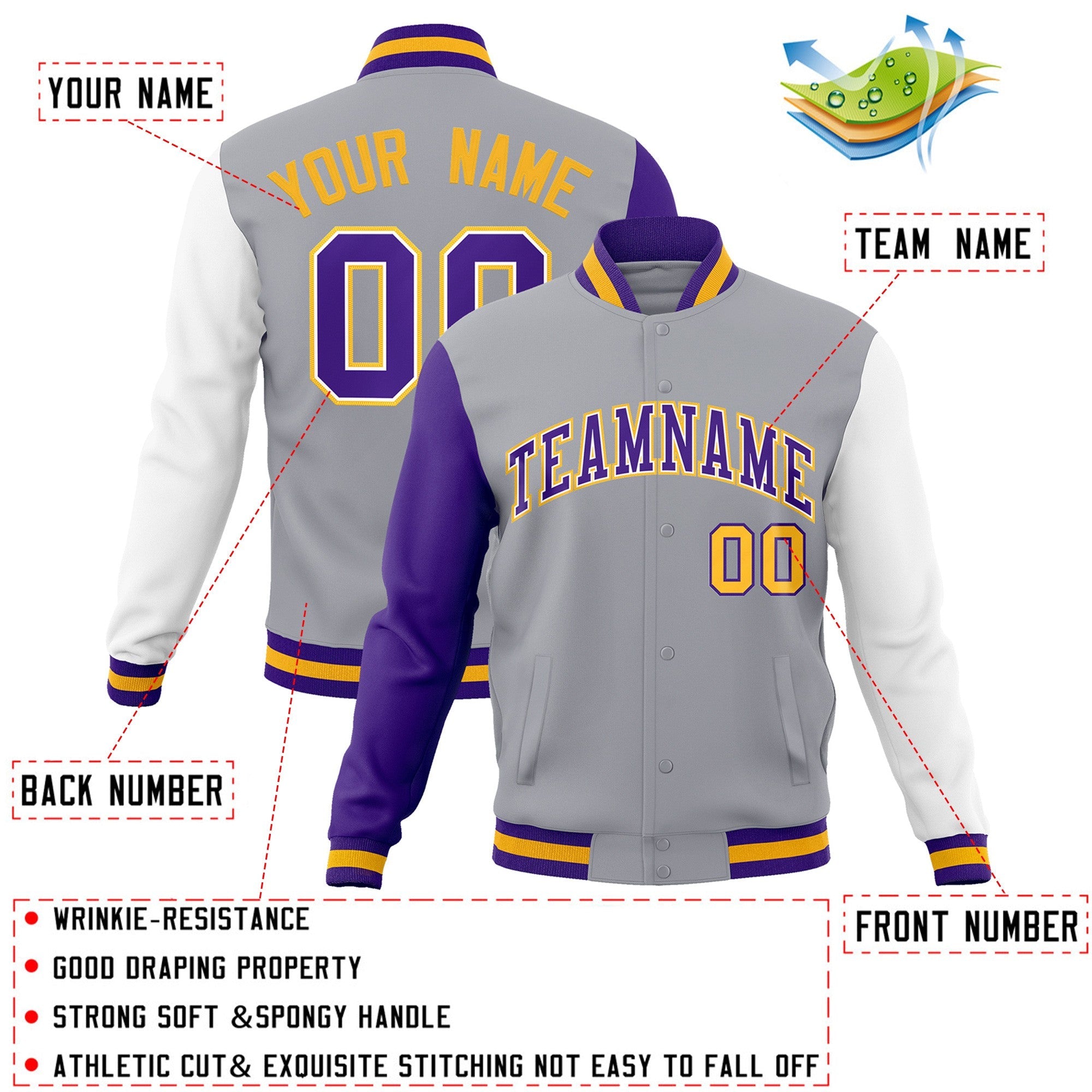 Veste Letterman Varsity Full-Snap à manches raglan gris violet-blanc personnalisée