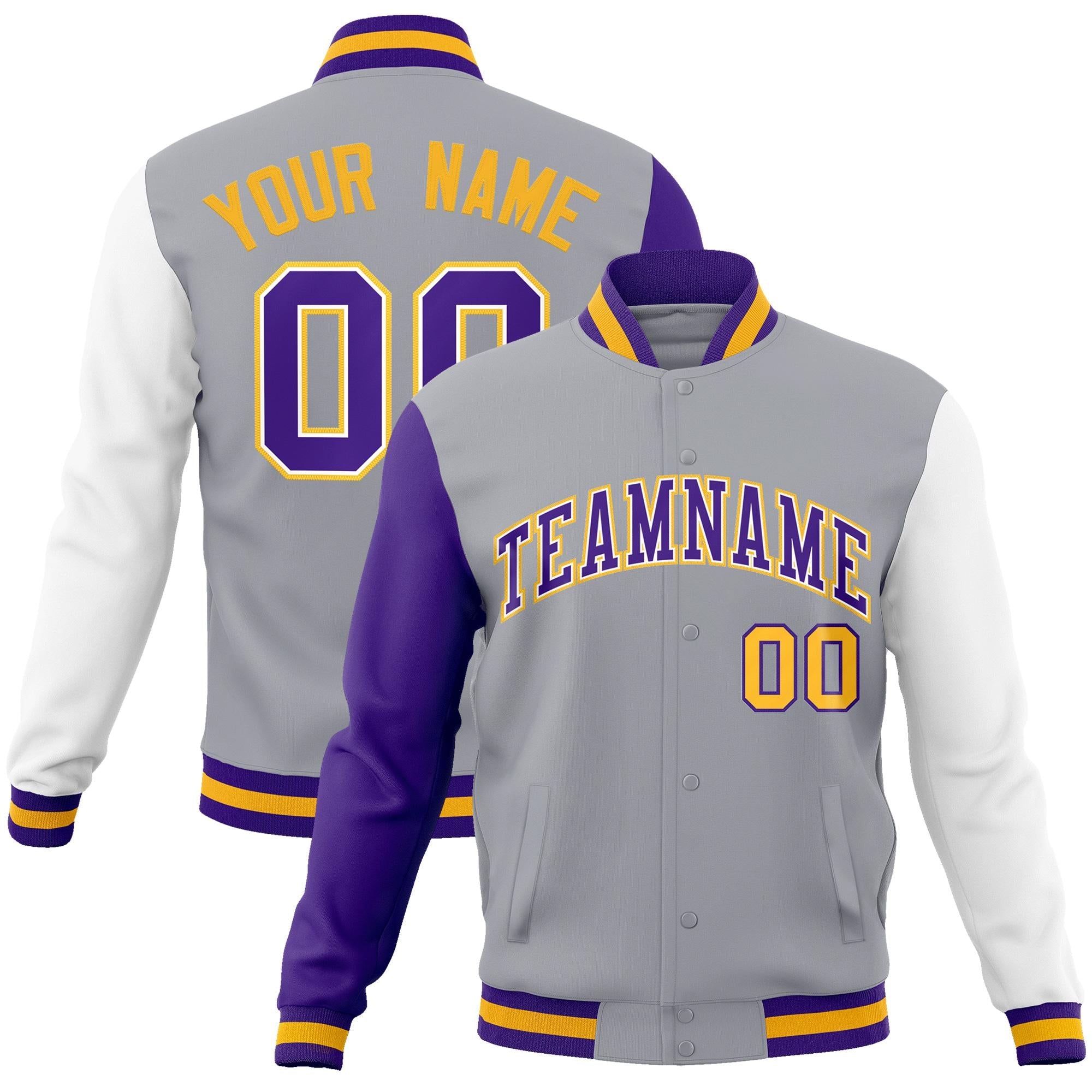 Custom Gray Purple-White Raglan Sleeves Varsity Full-Snap Letterman Jacket