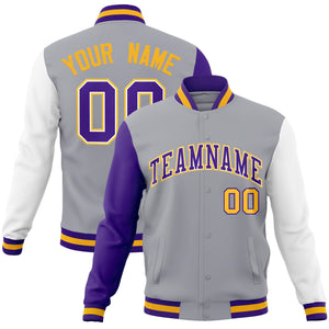 Custom Gray Purple-White Raglan Sleeves Varsity Full-Snap Letterman Jacket