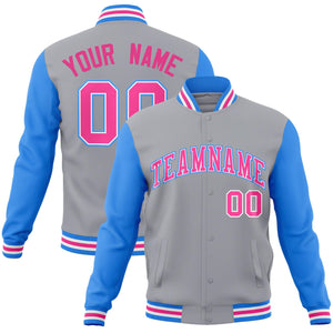 Custom Gray Pink-White Raglan Sleeves Varsity Full-Snap Letterman Jacket