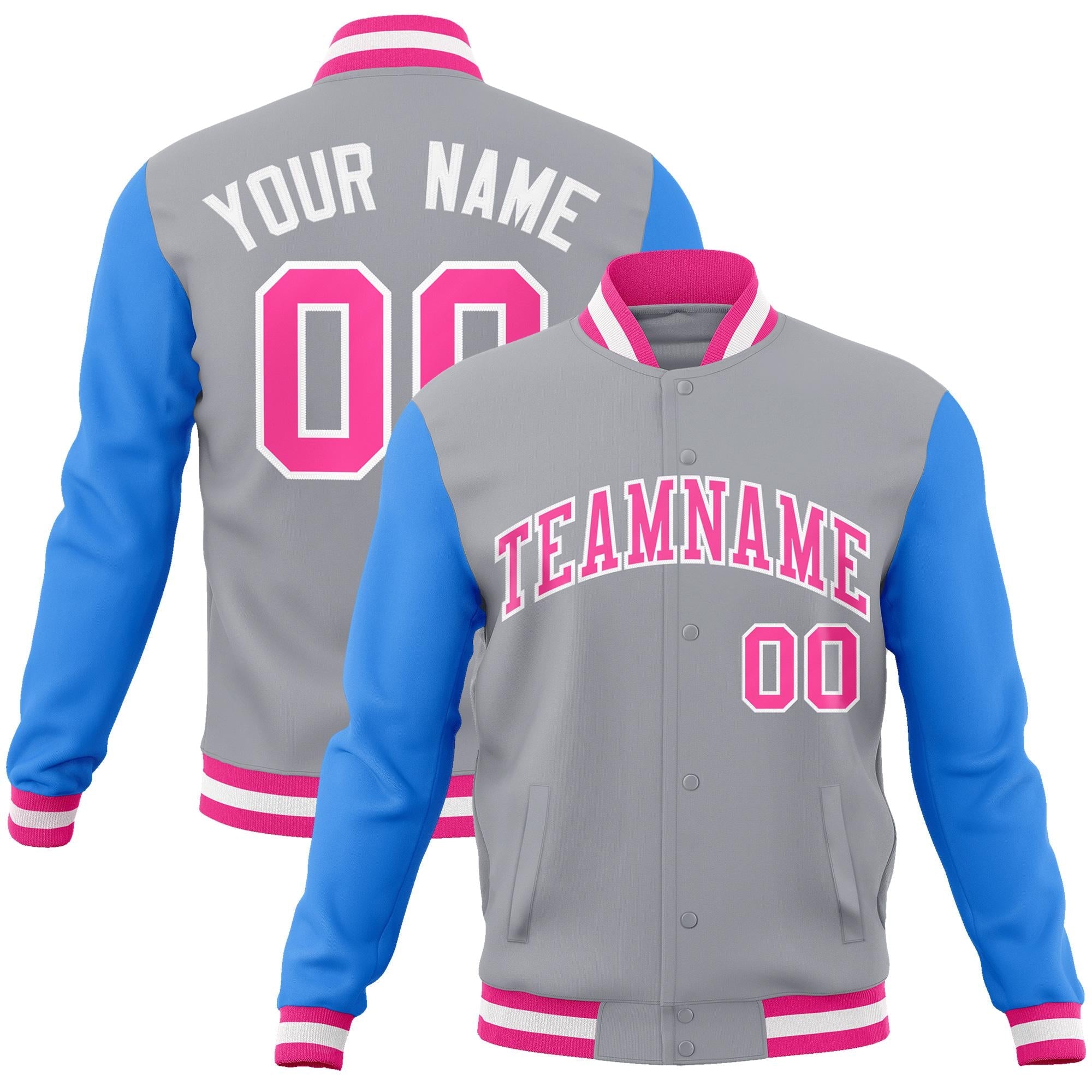 Custom Gray Pink-White Raglan Sleeves Varsity Full-Snap Letterman Jacket