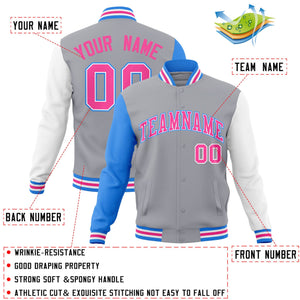 Custom Gray Pink-White Raglan Sleeves Varsity Full-Snap Letterman Jacket