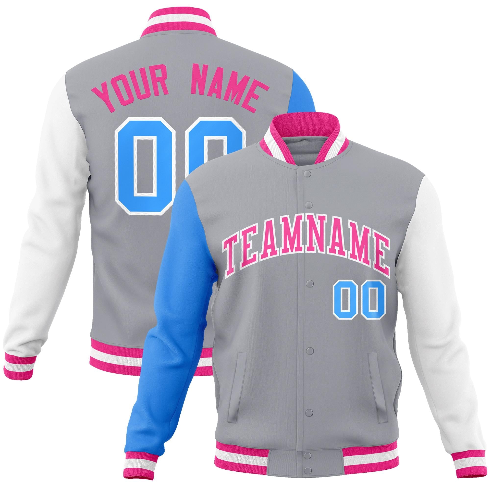 Custom Gray Pink-White Raglan Sleeves Varsity Full-Snap Letterman Jacket