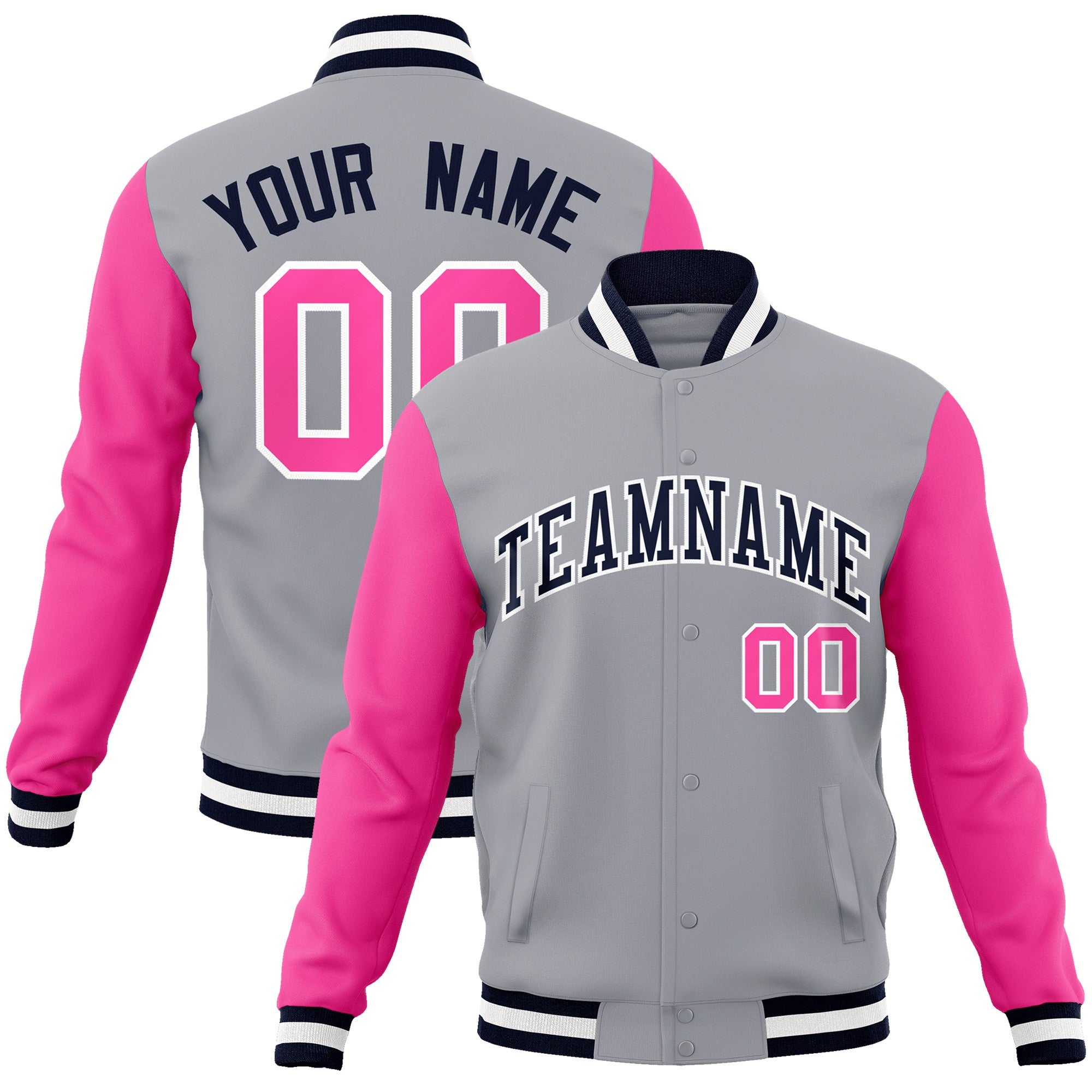 Custom Gray Navy-White Raglan Sleeves Varsity Full-Snap Letterman Jacket