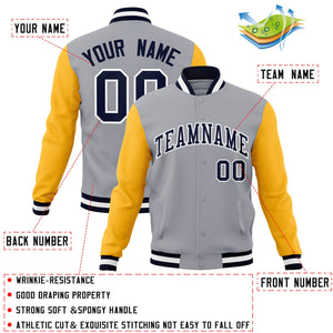 Veste Letterman Varsity Full-Snap à manches raglan gris marine-blanc personnalisée