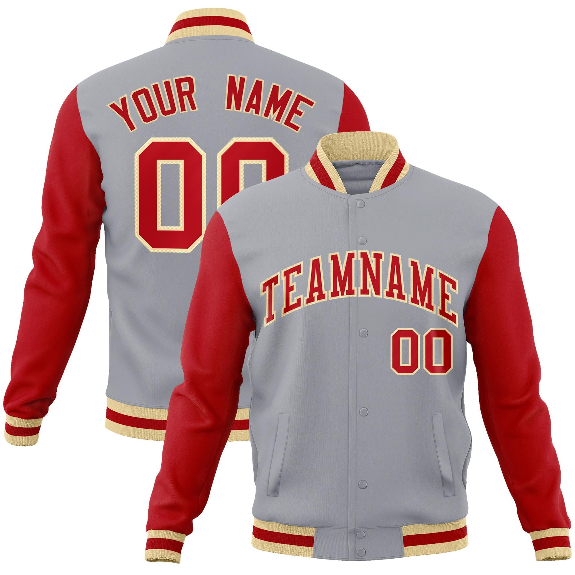 Custom Gray Red-Khaki Raglan Sleeves Varsity Full-Snap Letterman Jacket