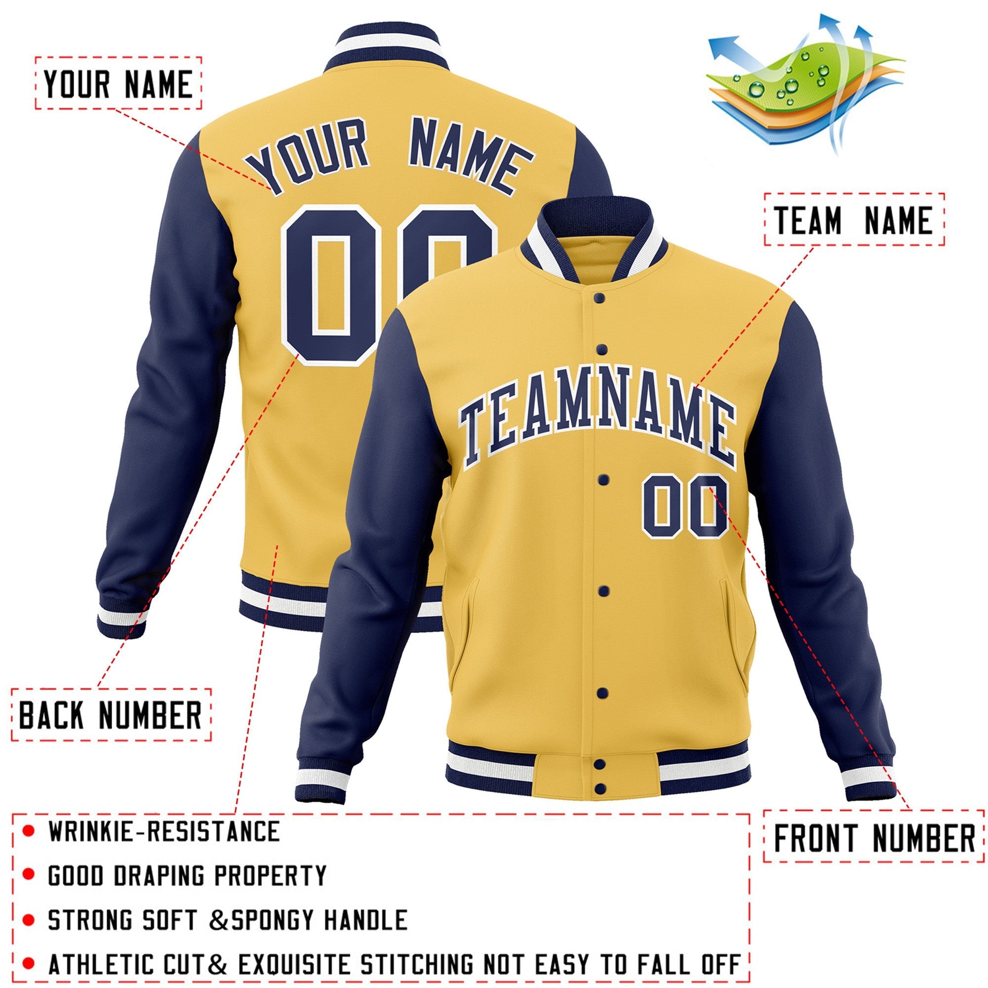 Veste Letterman Varsity Full-Snap à manches raglan personnalisées dorées et blanches