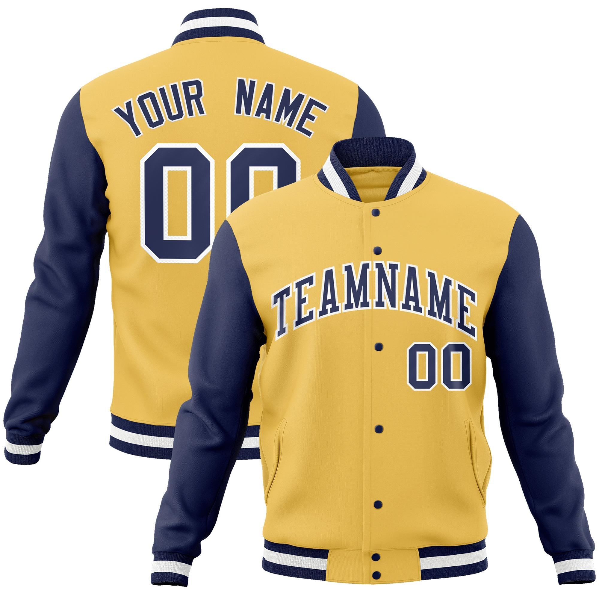 Custom Gold Navy-White Raglan Sleeves Varsity Full-Snap Letterman Jacket