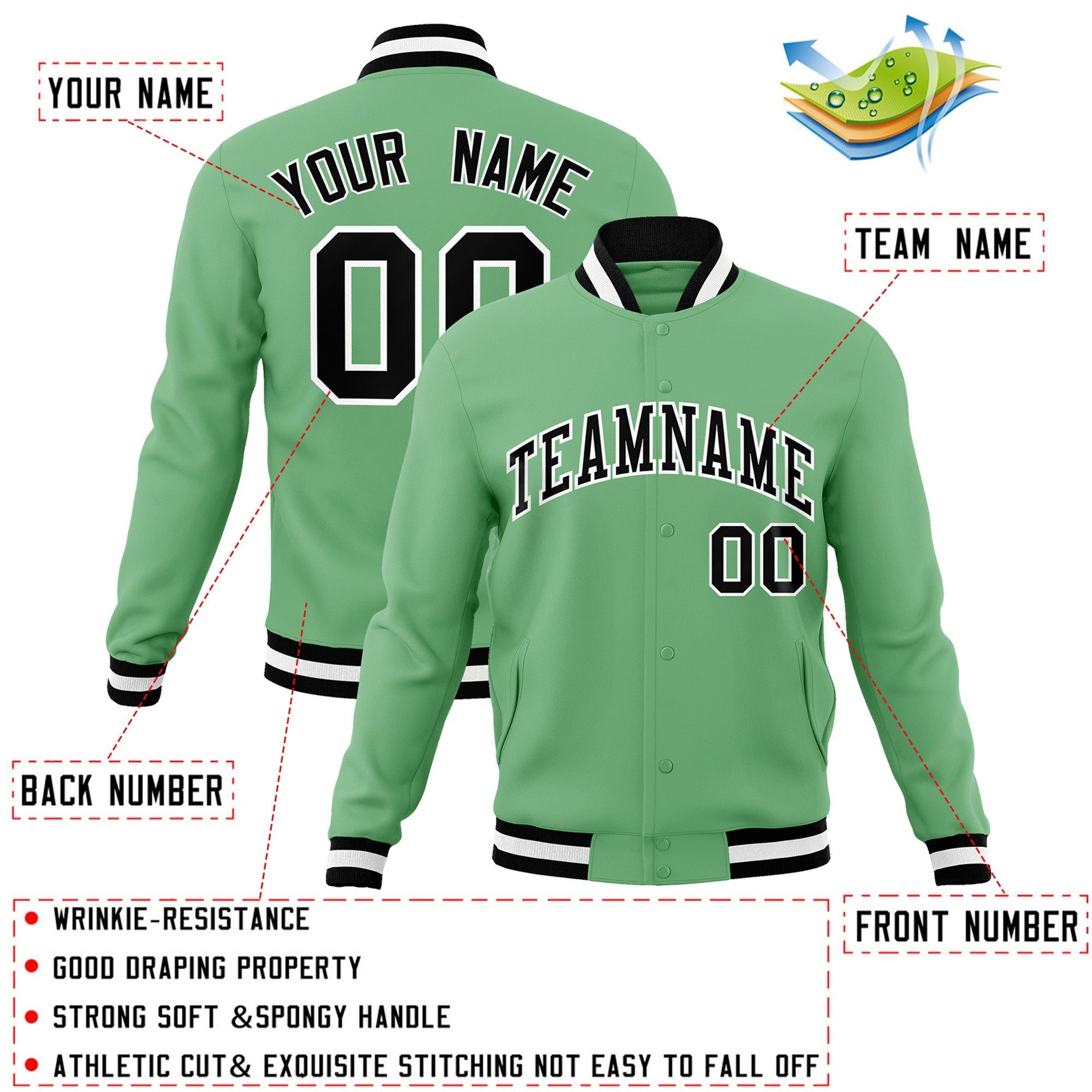 Custom Green Black-White Classic Style Varsity Full-Snap Letterman Jacket