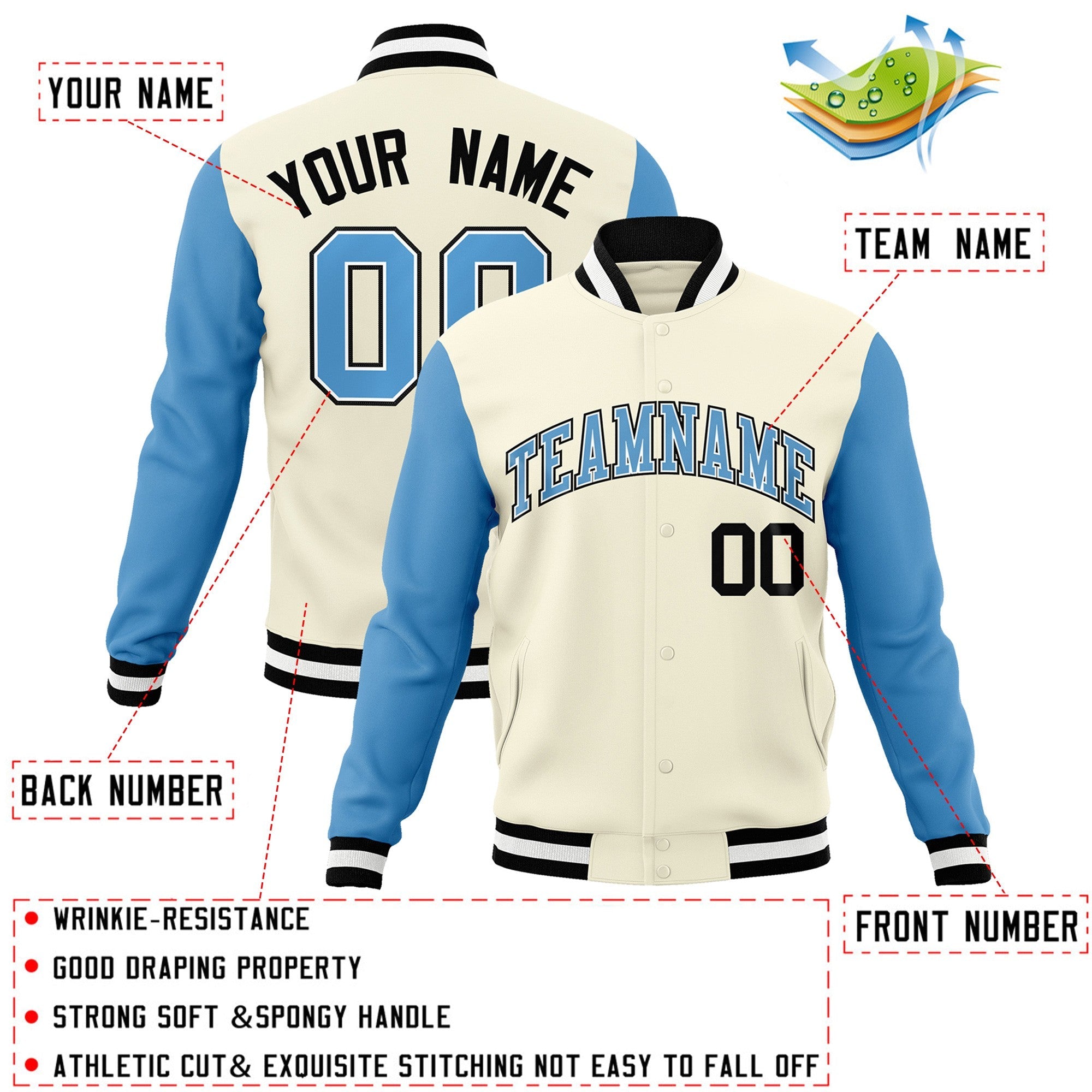 Veste Letterman Varsity Full-Snap à manches raglan bleu clair-blanc kaki personnalisée