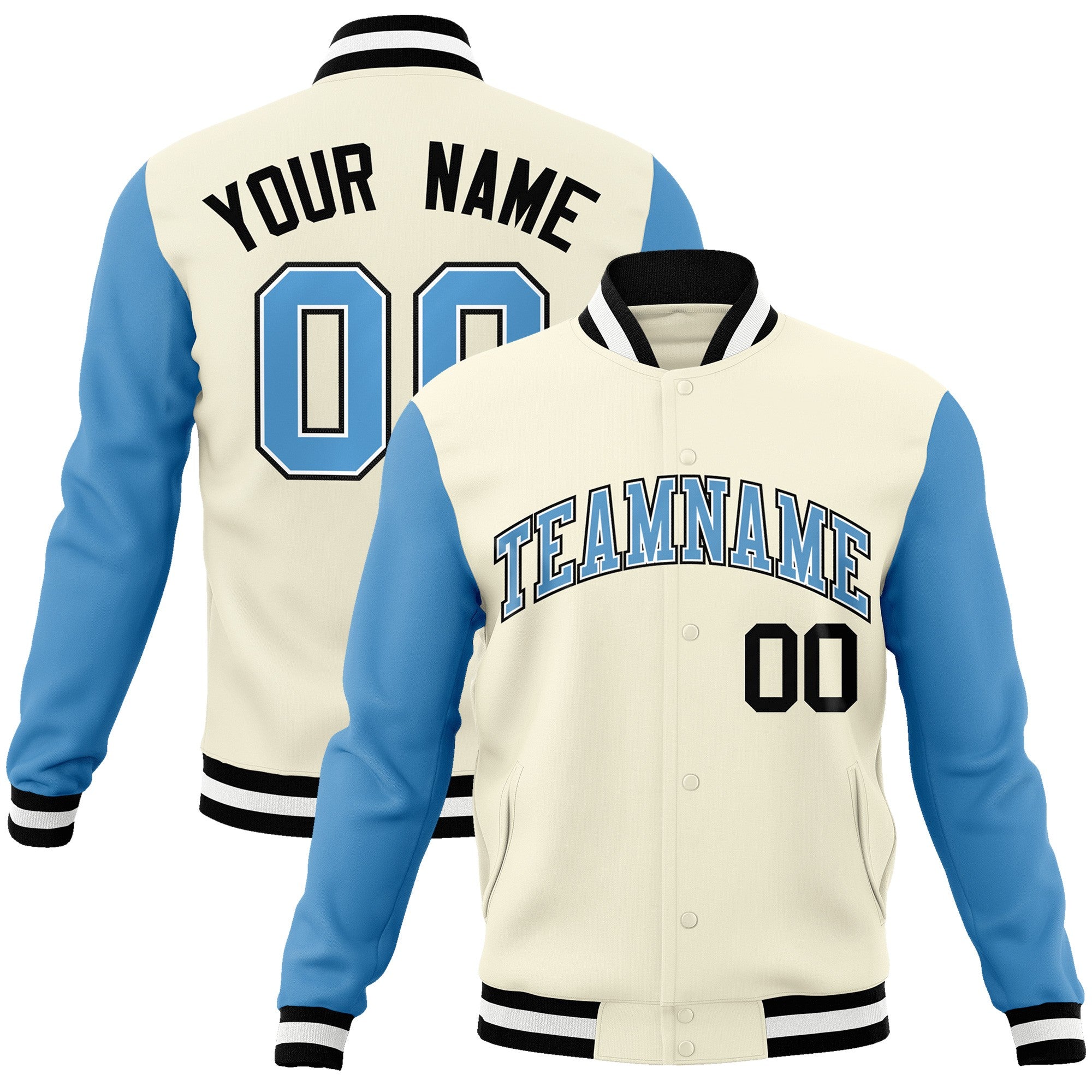 Custom Khaki Light Blue-White Raglan Sleeves Varsity Full-Snap Letterman Jacket