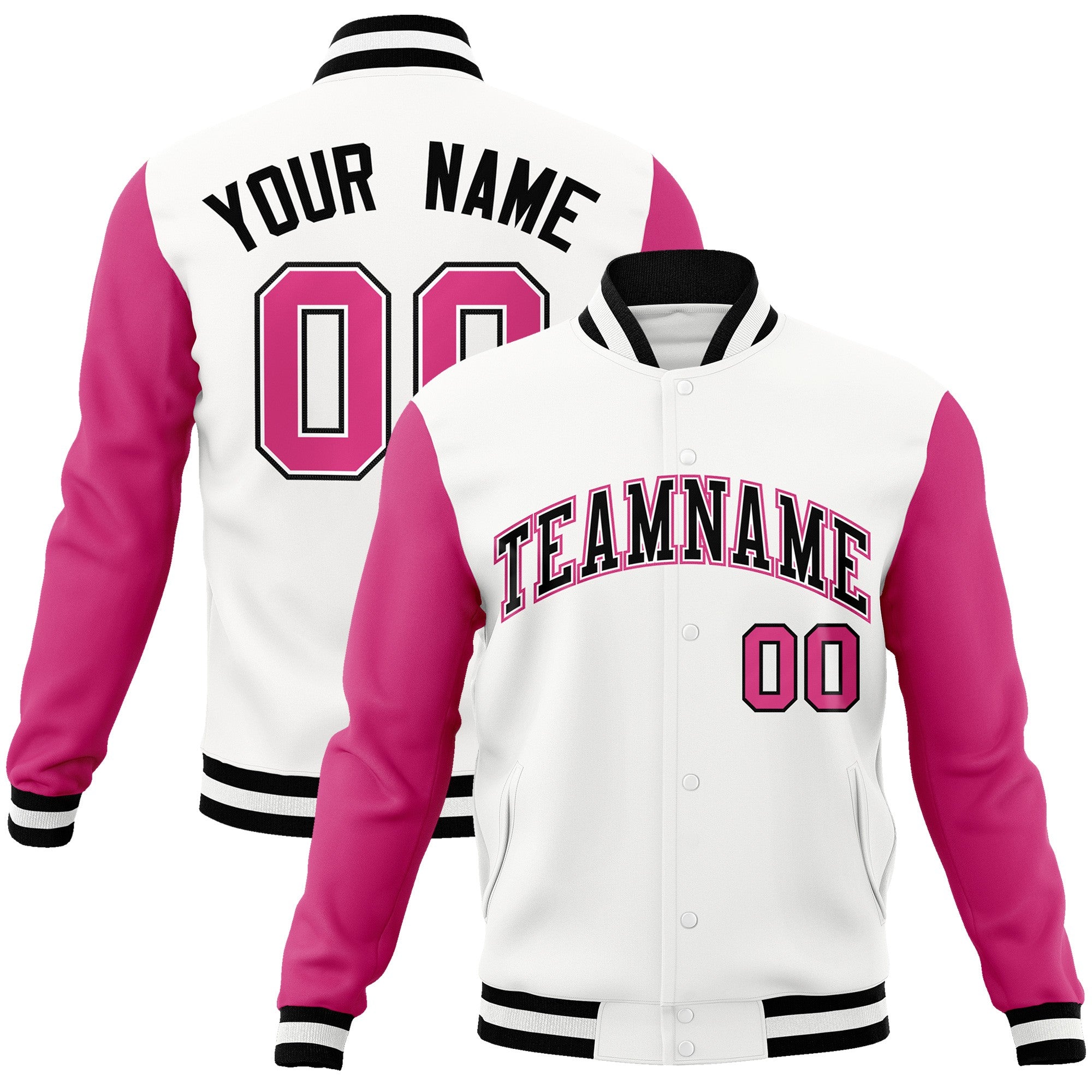 Custom White Black-White Raglan Sleeves Varsity Full-Snap Letterman Jacket