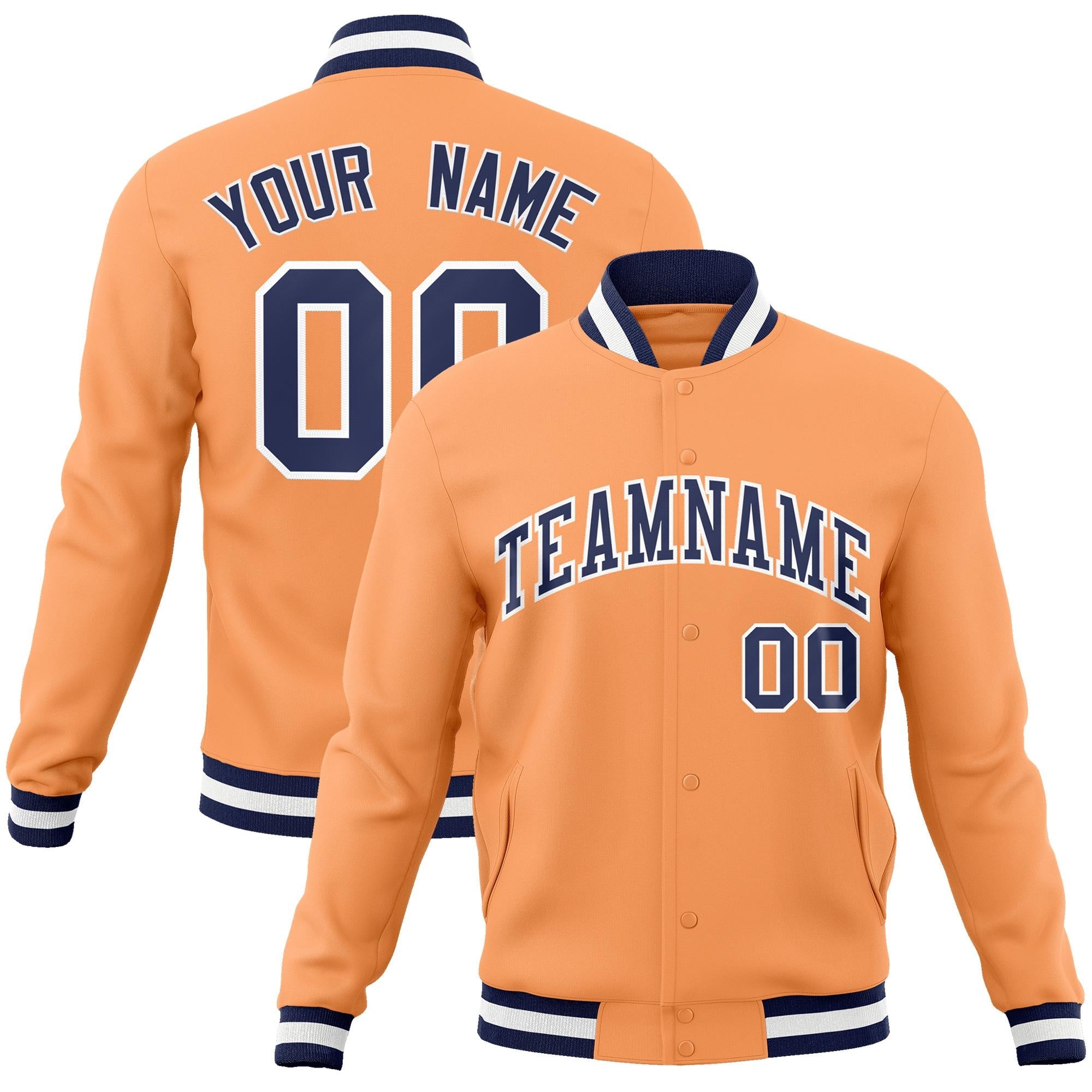 Custom Orange Navy-White Classic Style Varsity Full-Snap Letterman Jacket