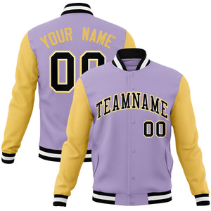 Custom Light Purple Black-White Raglan Sleeves Varsity Full-Snap Letterman Jacket