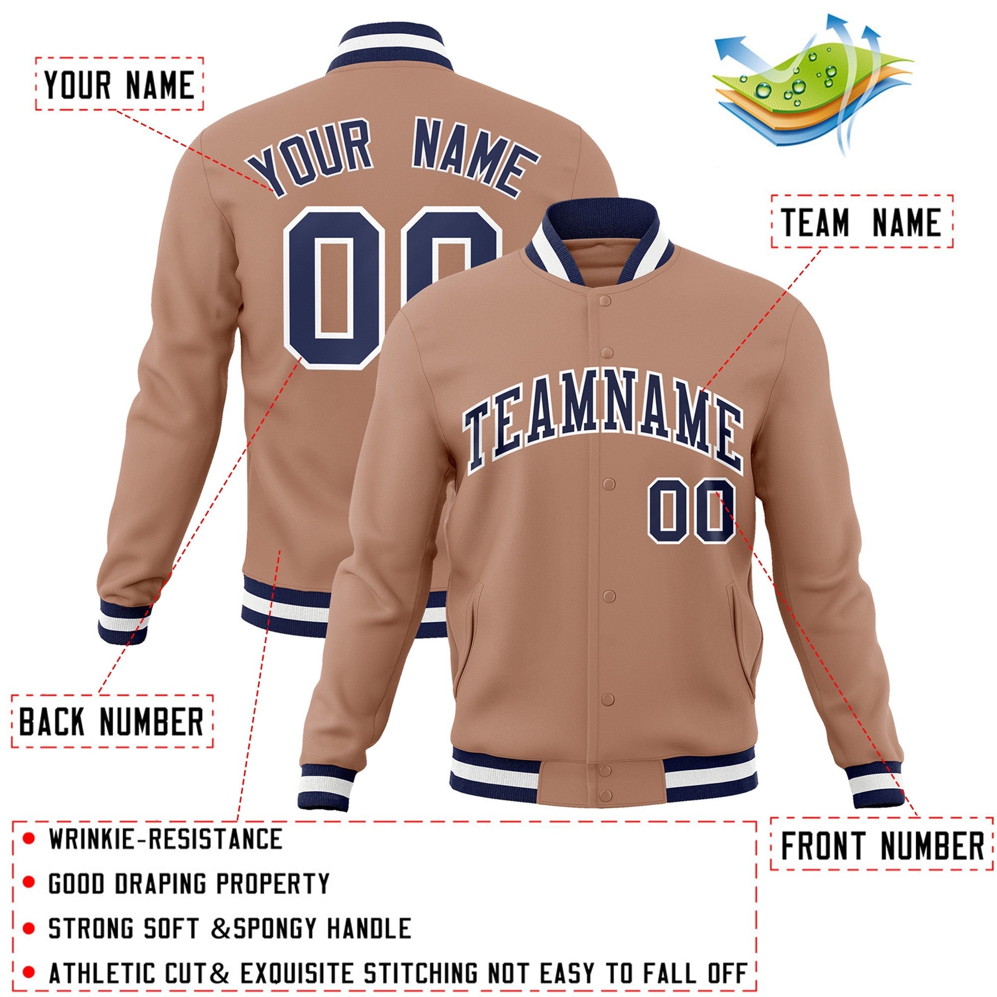 Custom Brown Navy-White Classic Style Varsity Full-Snap Letterman Jacket