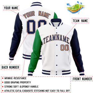 Custom White Navy-White Raglan Sleeves Varsity Full-Snap Letterman Jacket