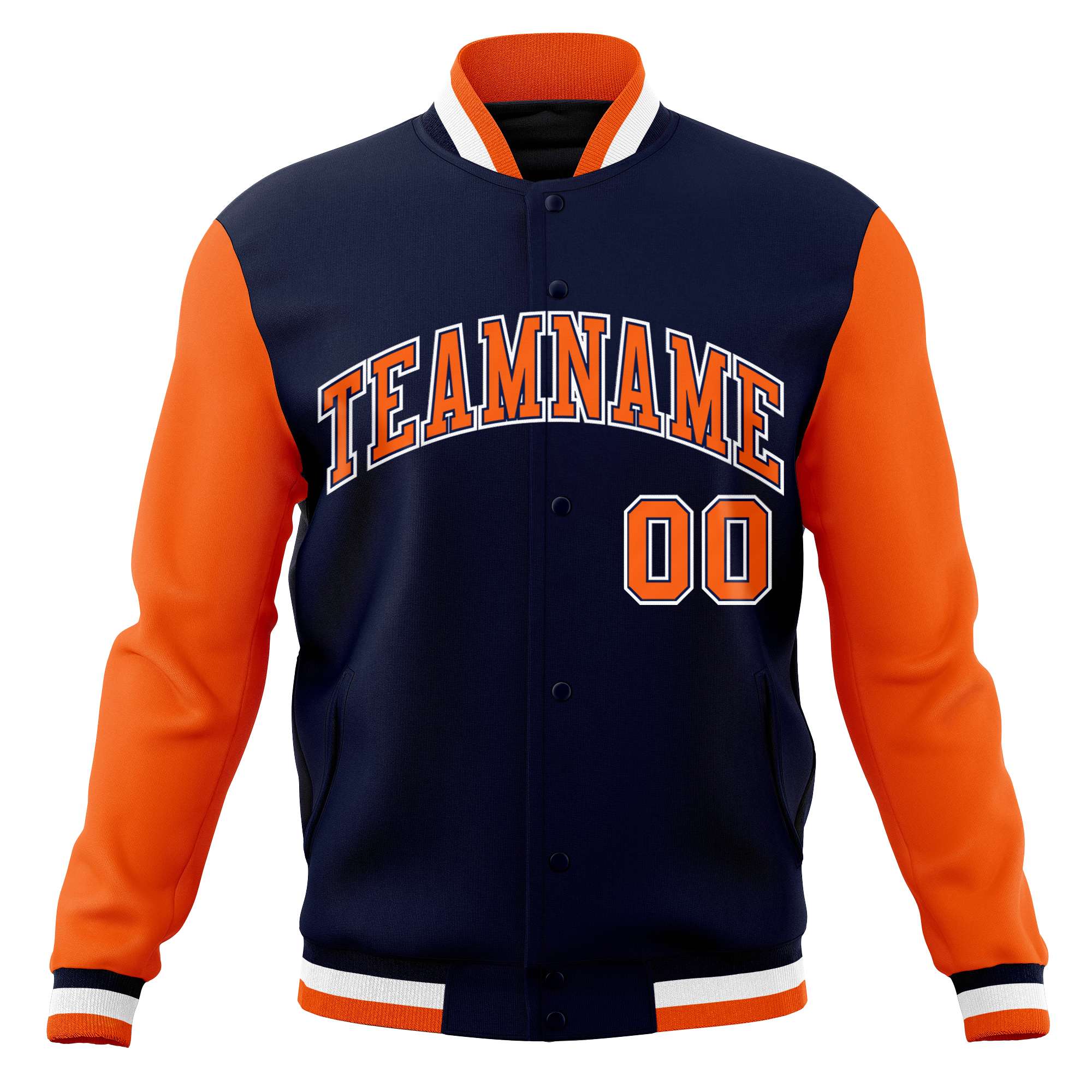 Custom Navy Orange-White Varsity Full-Snap Raglan Sleeves Letterman Baseball Jacket