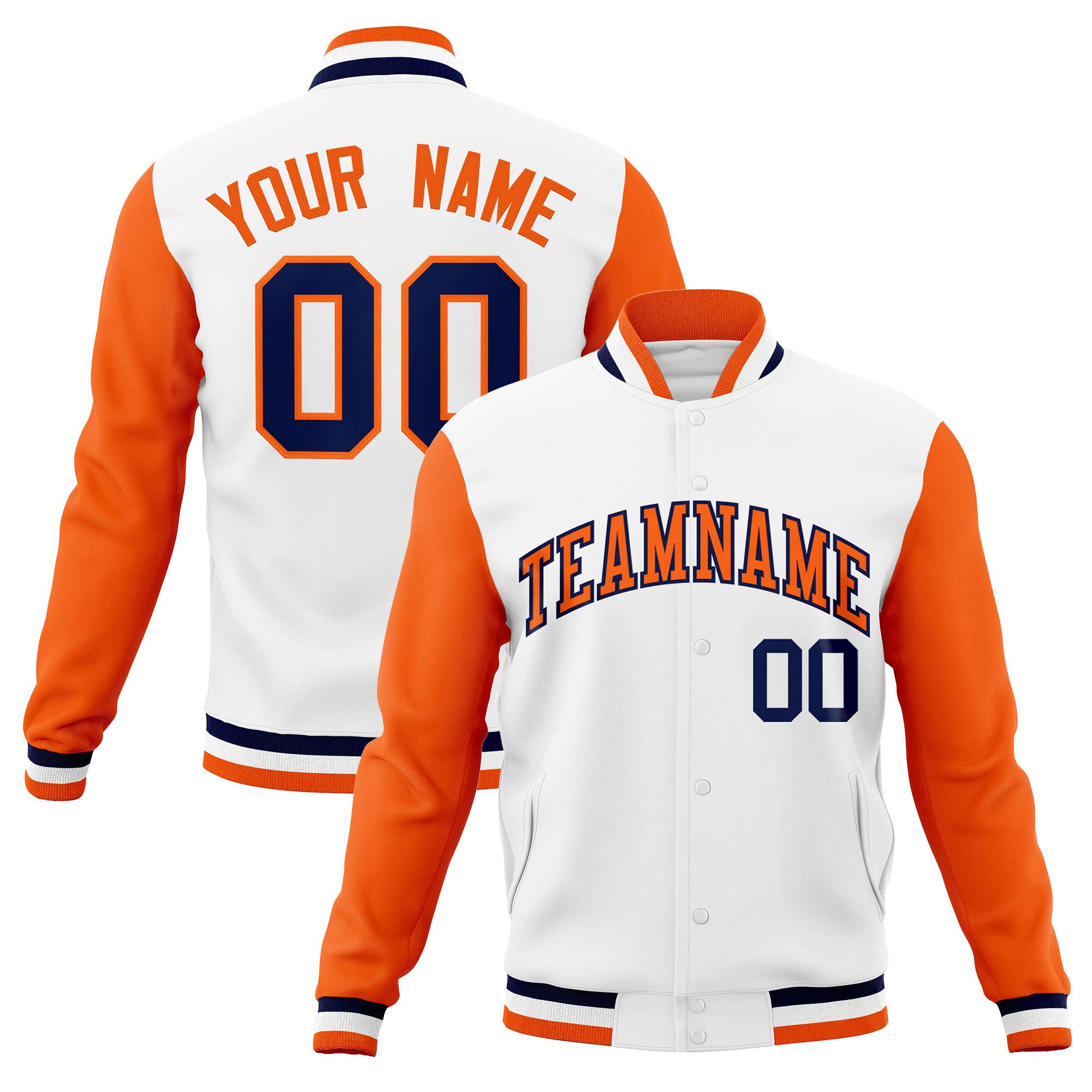 Custom White Orange-Navy Varsity Full-Snap Raglan Sleeves Letterman Baseball Jacket