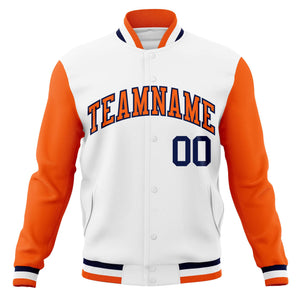 Custom White Orange-Navy Varsity Full-Snap Raglan Sleeves Letterman Baseball Jacket