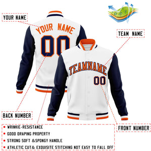 Custom White Orange-Navy Varsity Full-Snap Raglan Sleeves Letterman Baseball Jacket