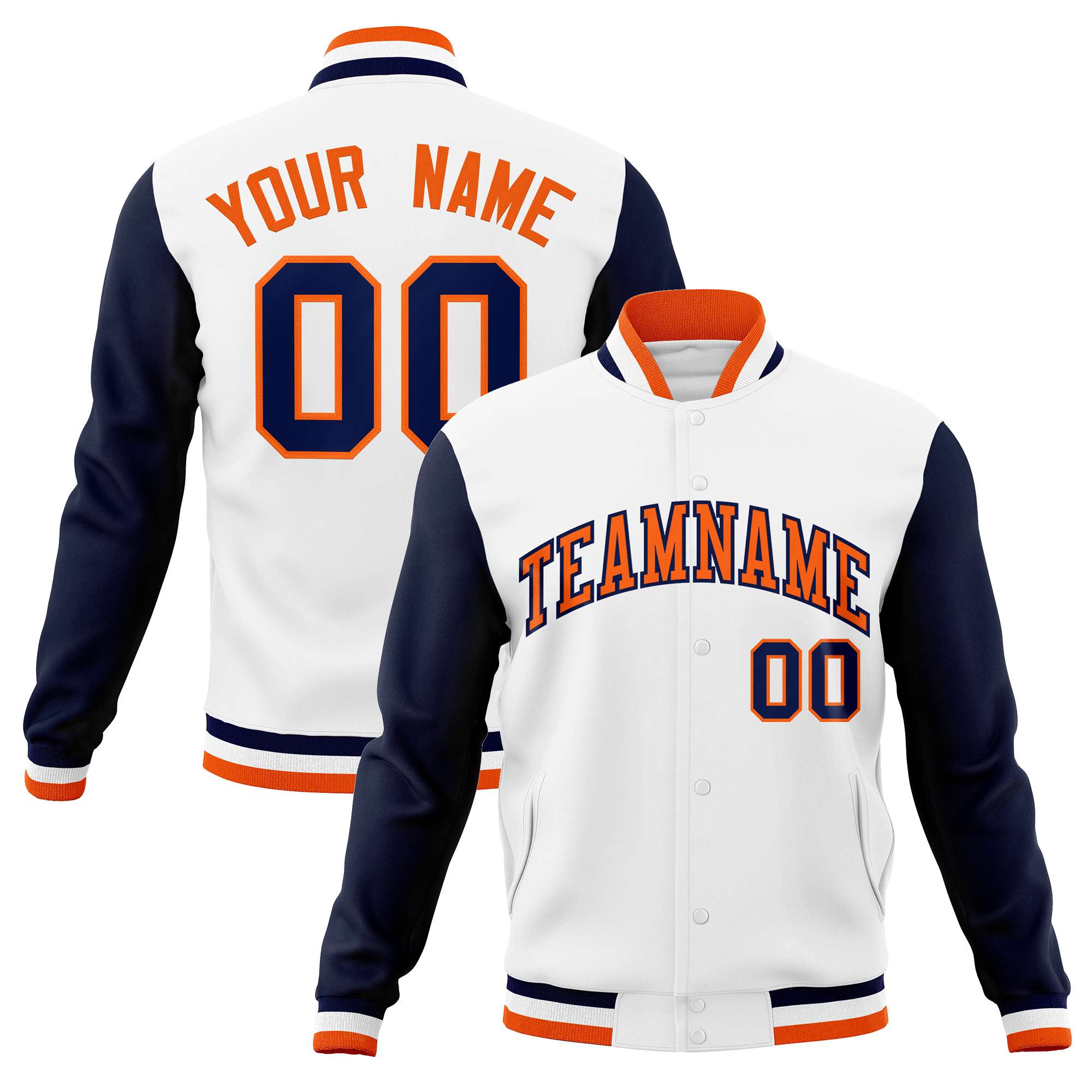 Custom White Orange-Navy Varsity Full-Snap Raglan Sleeves Letterman Baseball Jacket