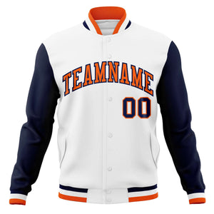 Custom White Orange-Navy Varsity Full-Snap Raglan Sleeves Letterman Baseball Jacket