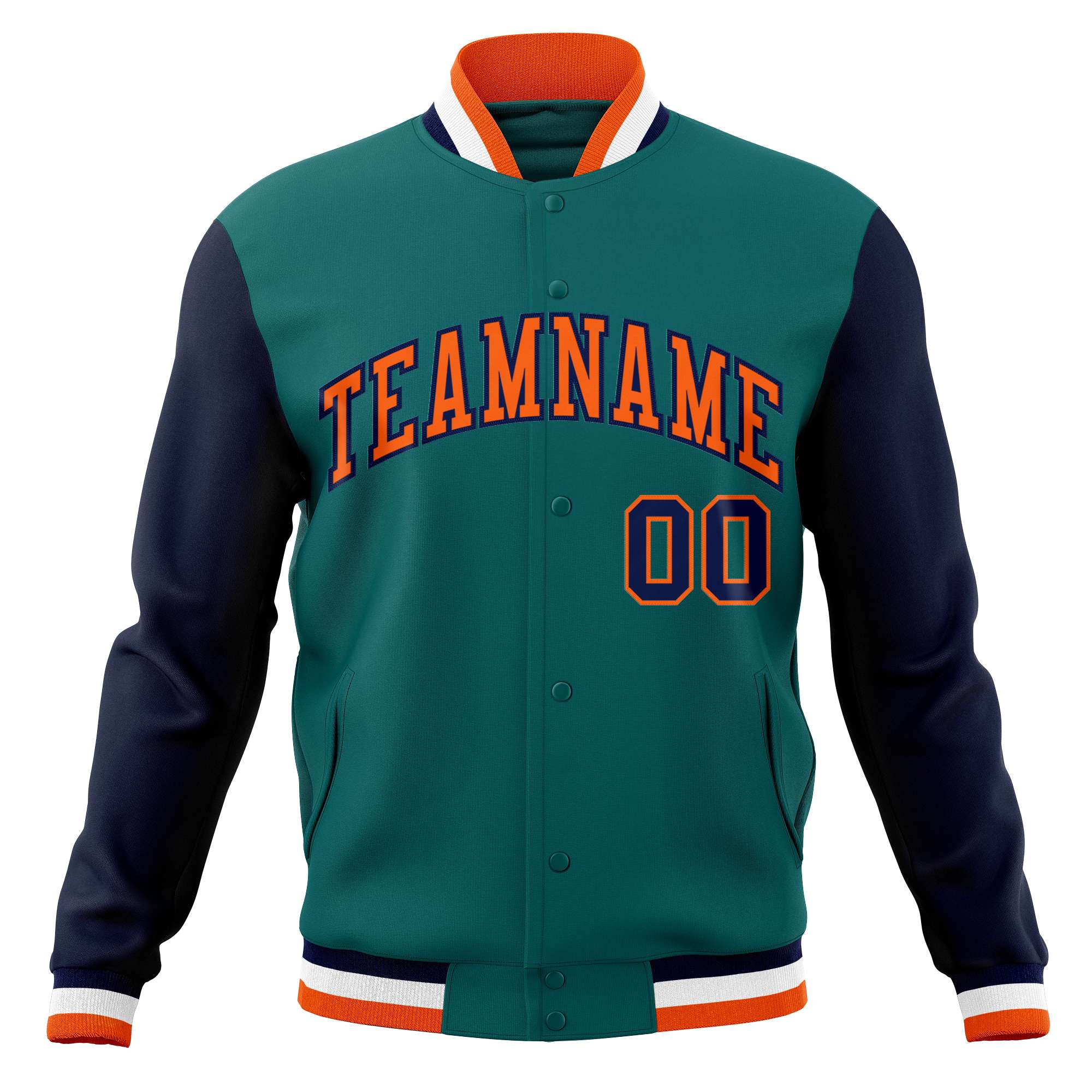 Custom Aqua Orange-Navy Varsity Full-Snap Raglan Sleeves Letterman Baseball Jacket